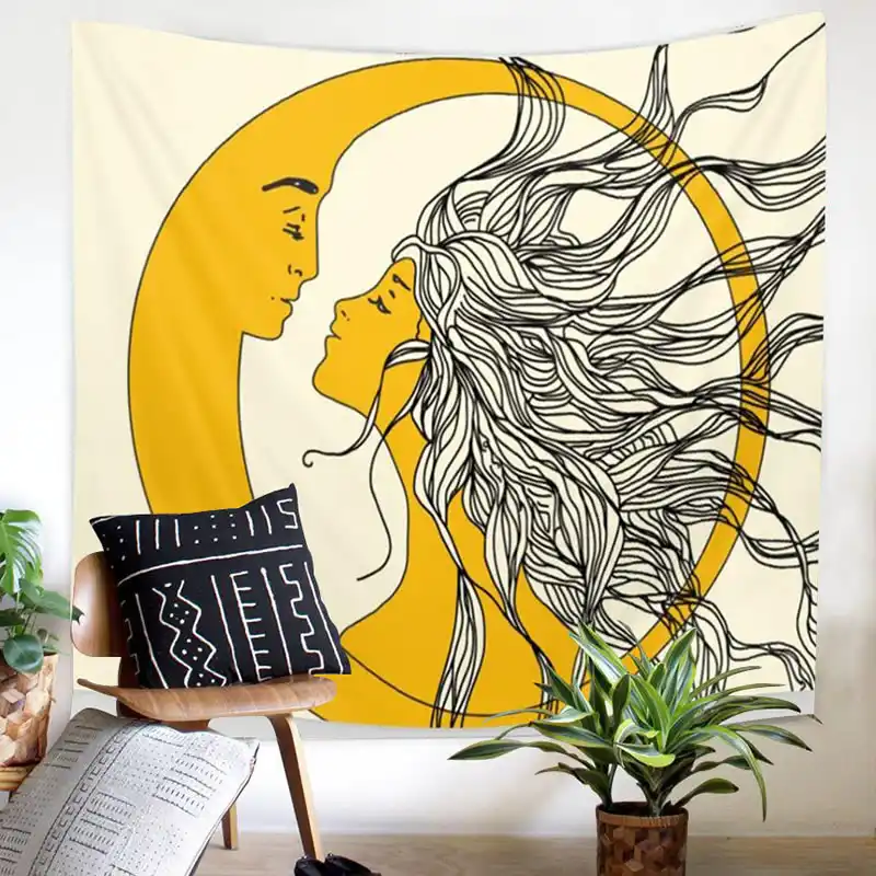 Yellow Sun And Moon Hippie Hippy Tapestry Goddess Wall Hanging