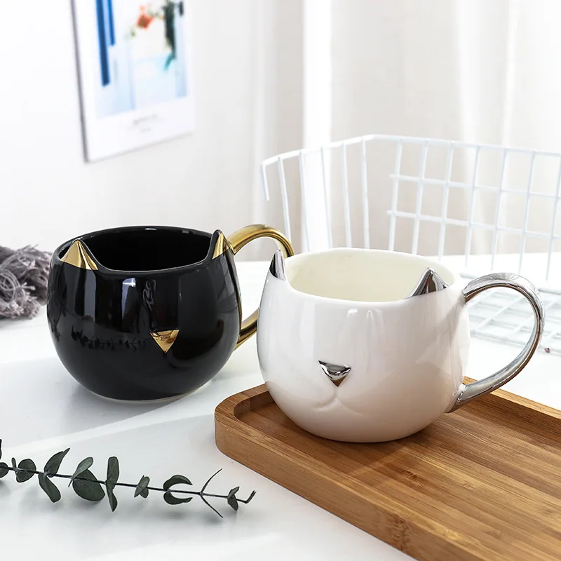 

Cute Cat Coffee Mug with 3D Ears and Gold Silver Handle Ceramic Tea Water Cup Gift for Women Girls White Black 500ml