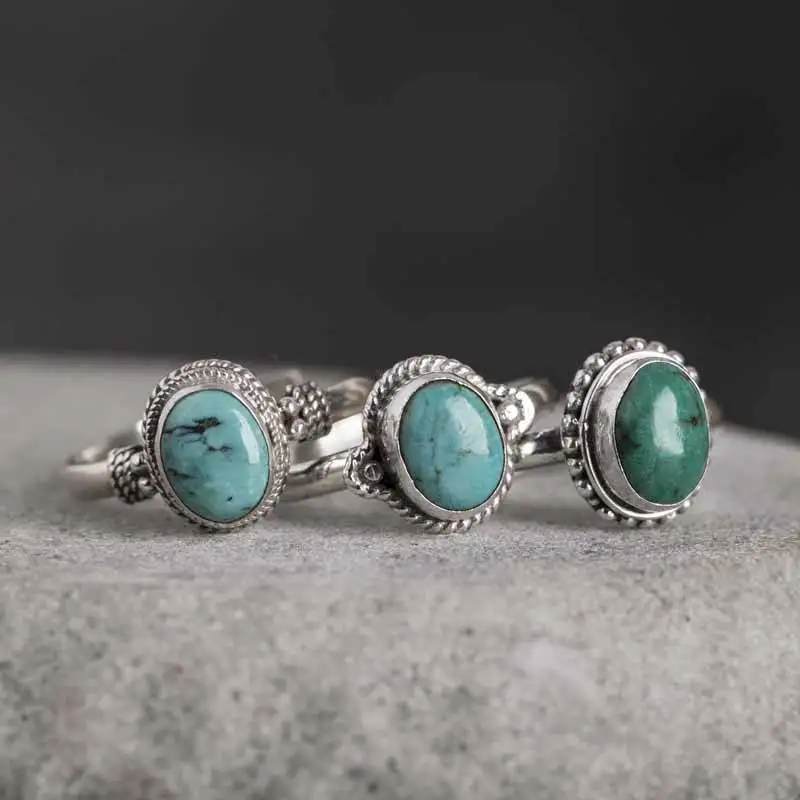 

T9156 Nepal Handmade 925 Sterling Silver Inlaid Natural Turquoises Lovely Rings for Lady Nepal Vintage Jewelry