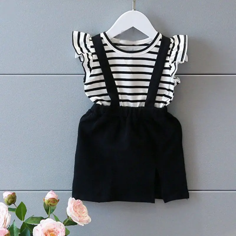 

Girls Summer Floral Dress Princess Sleeveless Strap White And Black Striped Dress Baby Girls Casual Dresses