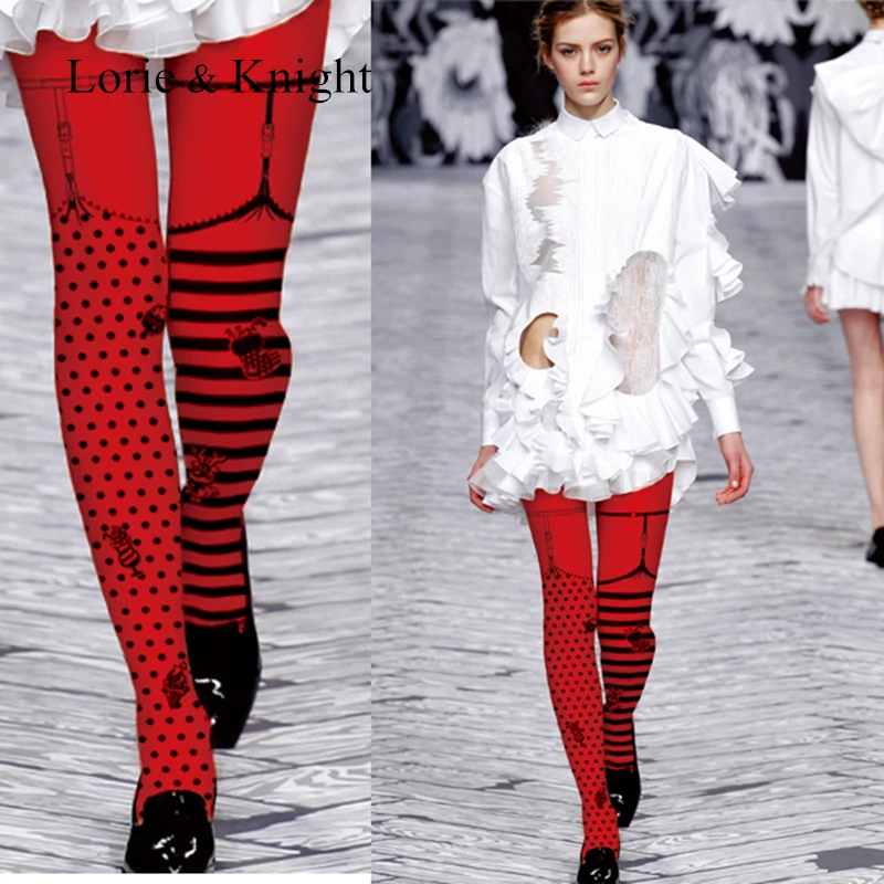 

Women Suspender Sexy Print Polka Dot & Stripe Black and Red Vintage Tights