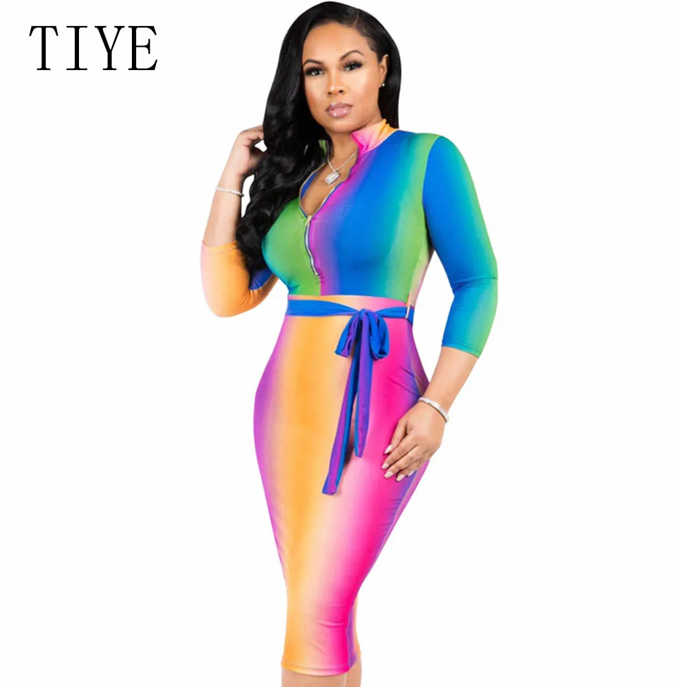 

TIYE Plus Size S-XXXL Rainbow Tie-Dye Print Casual Pencil Dresses Women Long Sleeve V Neck Bodycon Bandage Dress Vestidos Robe