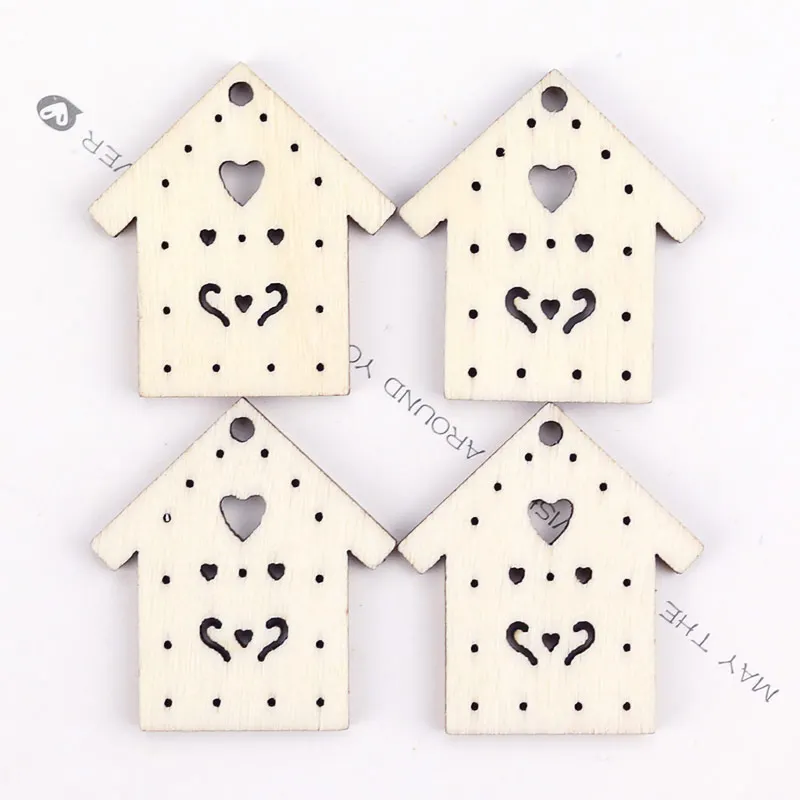 

50pcs/bag House Style Hollow Wood Ornament Pendant with Top Hole for Christmas Tree Ornaments Accessories Wood DIY Crafts