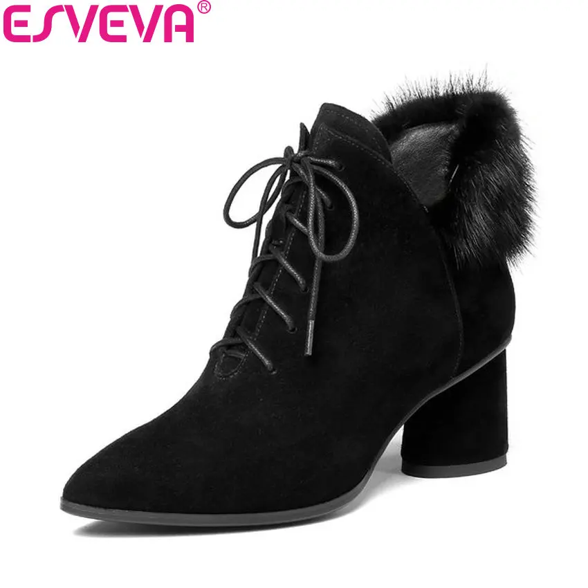 

ESVEVA 2019 Shoes Woman Lace Up Kid Suede Boots Ankle Boots Square High Heels Shoes Pointed Toe Ladies Boots Shoes Size 34-42
