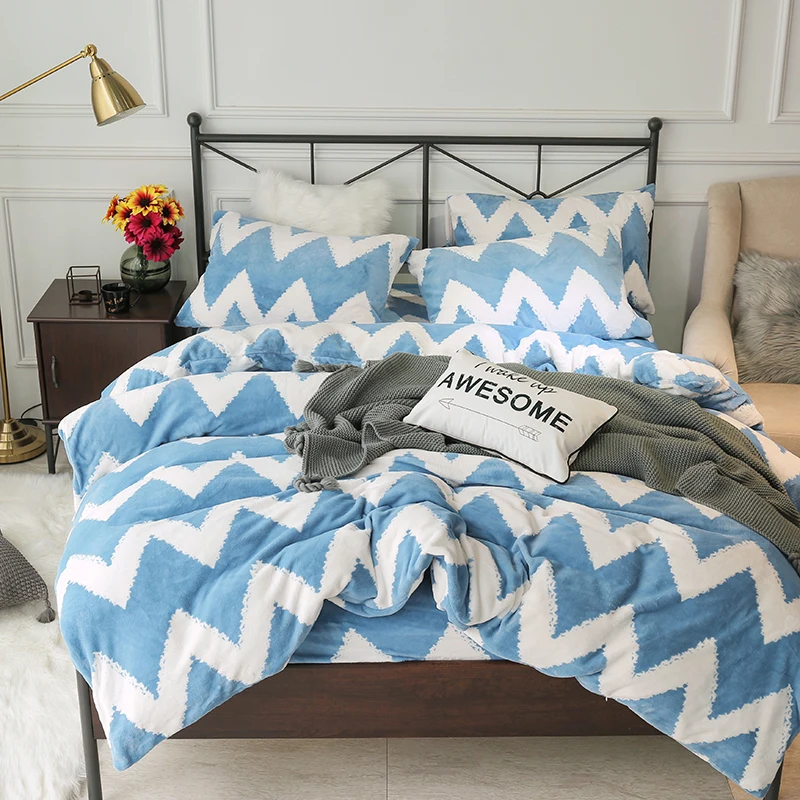 

Blue Fleece fabric Bedding Set Wave pattern Duvet Cover+Flat Sheet+2 Pillowcases King Queen Size