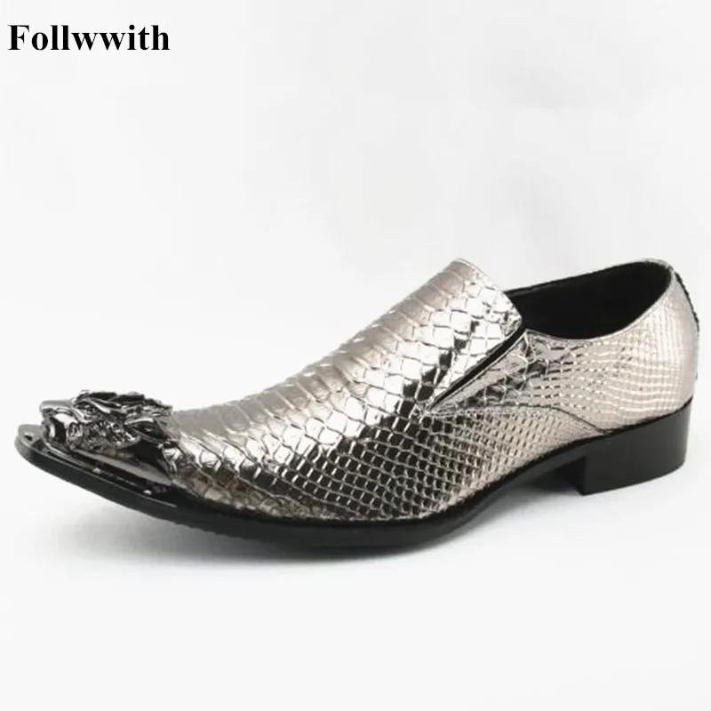 2018 Follwwith Alligator Leather Metallic Slip On Men Loafers Low Heel Pointed Toe Animal Metal Decor Snakeskin Shoes Men Casual