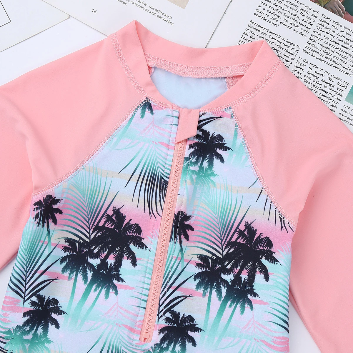 Billige Sommer Kinder Kinder Mädchen einteiliges Badeanzug Lange Ärmeln Palm Gedruckt Reißverschluss Bademode Badeanzug Rash Guard Strand Tragen