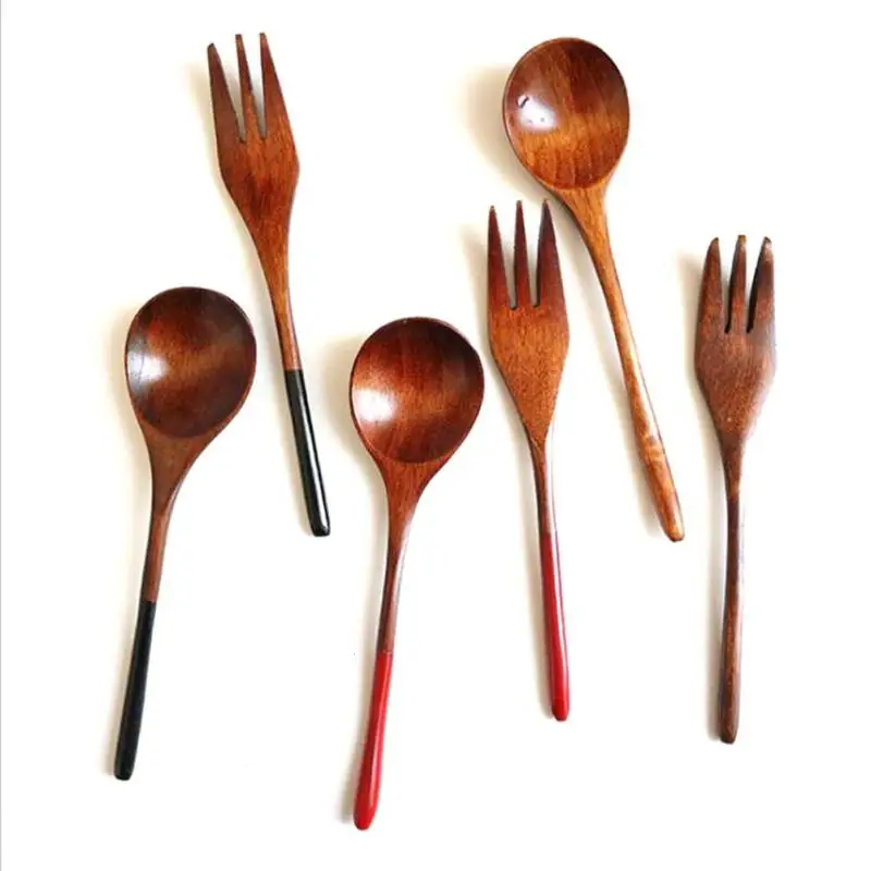 2PCS Wood Spoon Fork Soup scoops Japanese Style Long Stirring Honey