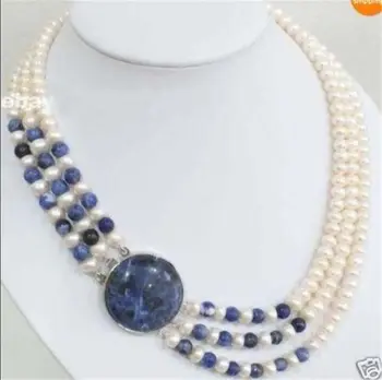 

Wholesale price 16new ^^^^3 Rows Natural 7-8mm White Cultivation Pearl & Lapis lazuli Round Beads Necklace