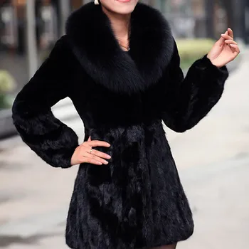 

Winter Faux Fox Rabbit Fur Black Coat Women's Fashion Thick Warm Overcoat Medium Long High Grade Casaco de Feminino Inverno E108