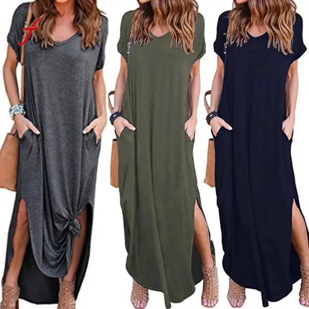 

Womens Loose Summer Dresses 2018 Fashion Gallus Short Sleeves Ankle-Length Long Dress Multi Color Choice Cotton Dress Vestido