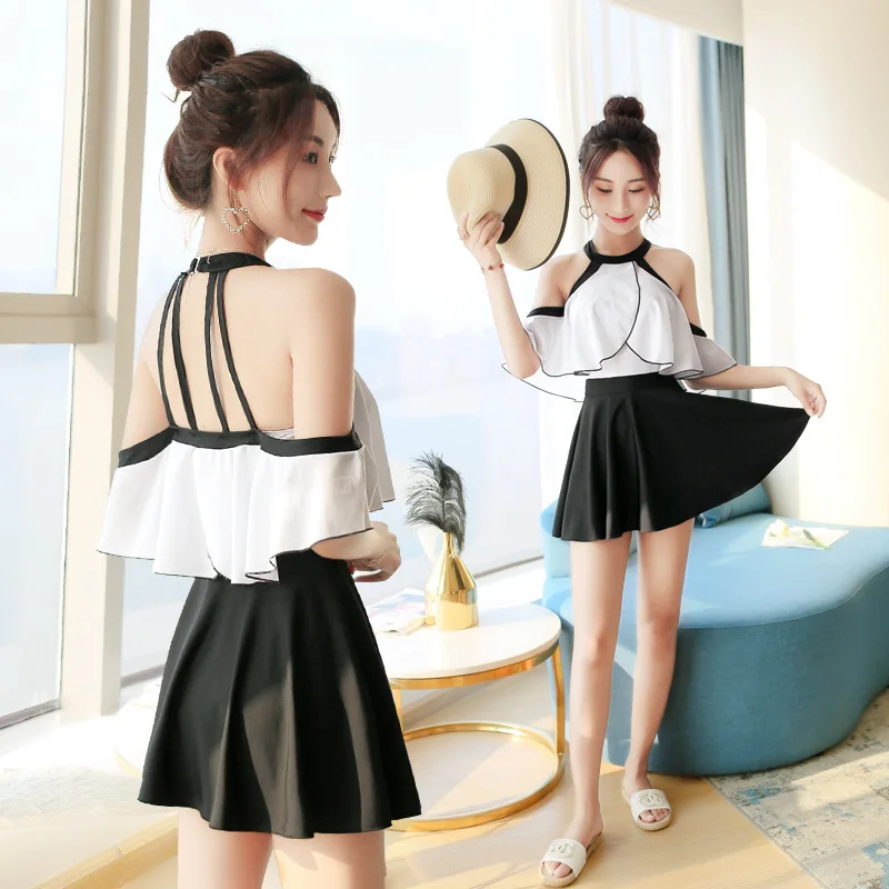 

2019 Female Retro One Piece High Neck Bandage Cross Back Neck Black Ruffled Padded High Waist Student Swimwear Women A2245YPD