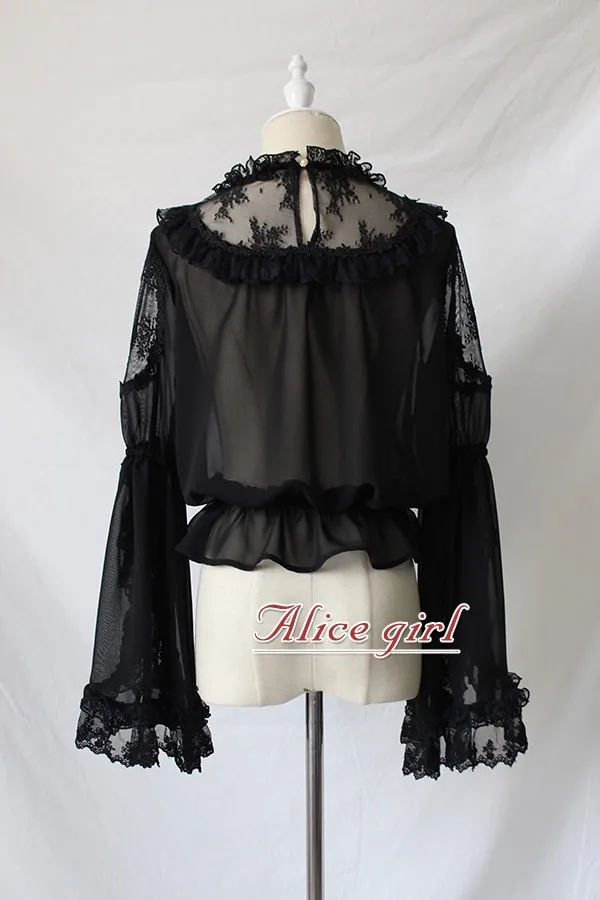 Готический викторианский стиль женский шифоновый топ Sheer Ruffle Neck с расклешенными рукавами черный/белый Лолита Блузка от Alice Girl