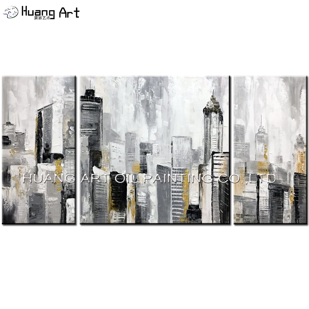 

Hand Painted Modern Gold Abstract City Landscape Oil Painting for Home Decor 3Pcs Group of Paintings on Canvas Building Wall Art