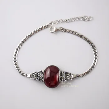 

925 Solid Sterling SIL Red Garnet Oval Retro Marcasite 17+4cm Chain Bracelet A2675