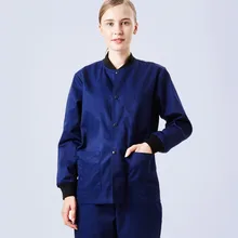 С длинным рукавом разминочный на каждый день Топы Куртка медсестры туника и защелкой спереди вязаными трикотажными манжетами зубной врач больница Куртка для открытого воздуха одежда лабораторный халат