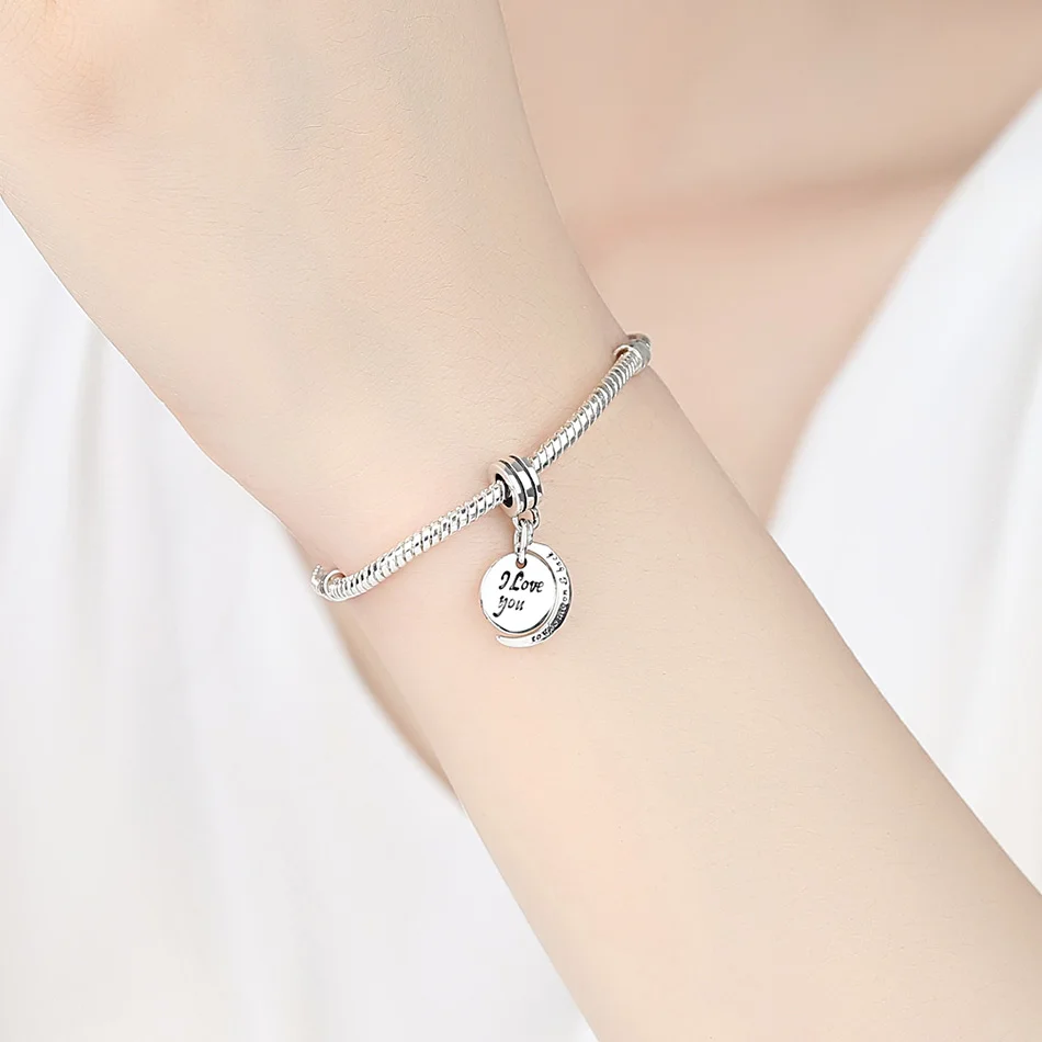 Authentic 925 Sterling Silver Bead Charm I Love You To The Moon & Back Pendant Charm Fit ELESHE Bracelet & Bangle DIY Jewelry