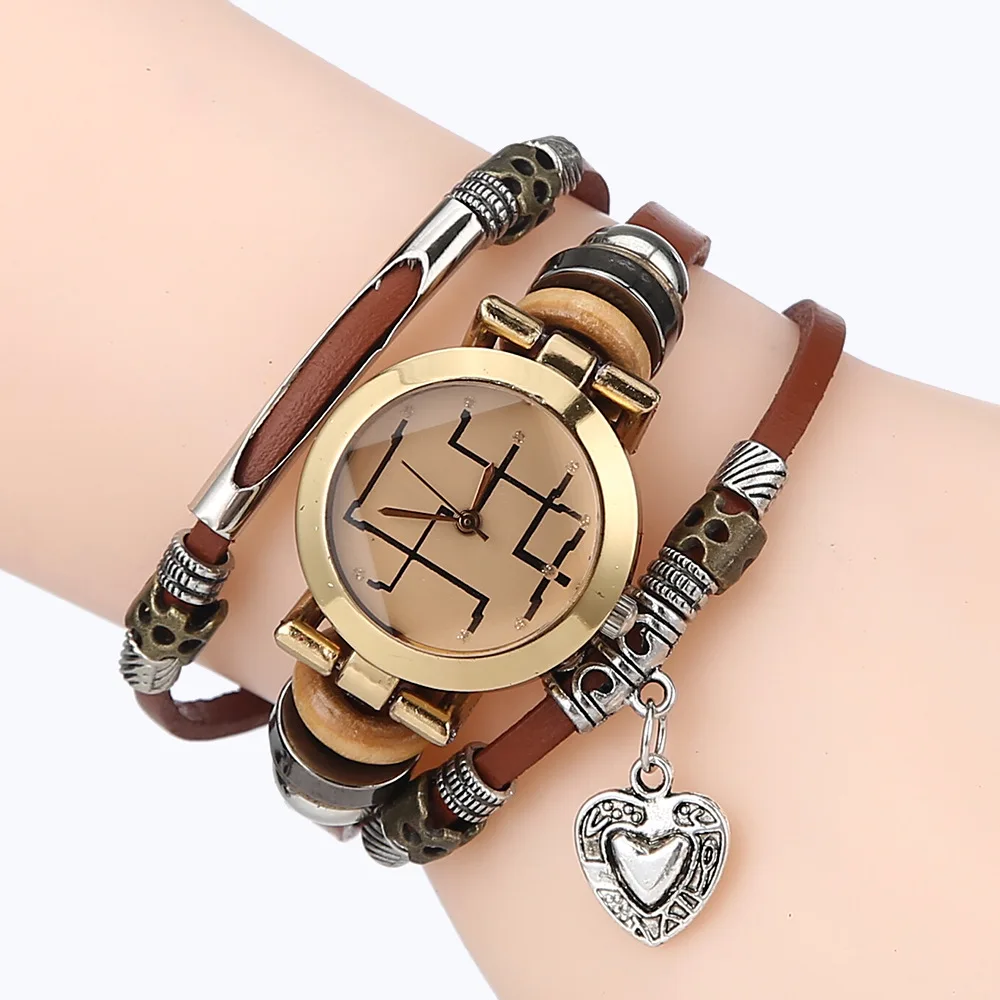 

Gnova Platinum Pu Leather Women Watch Sketch Heart Charm Triple Bracelet Wristwatch Italian Style Fashion Reloj Para Dama