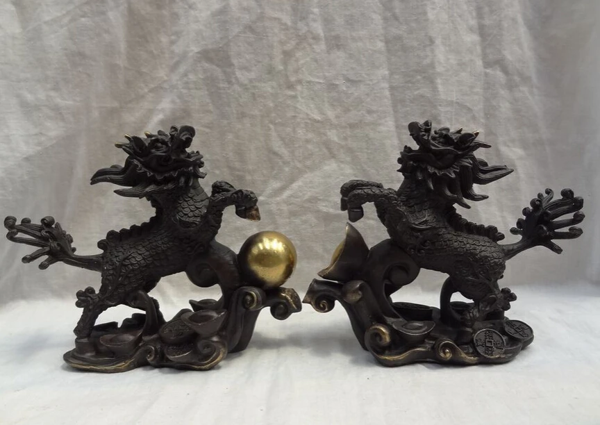 

S4092 Chinese Pure Bronze FengShui Wealth YuanBao Coin Ball Dragon Kylin Statue Pair D0318