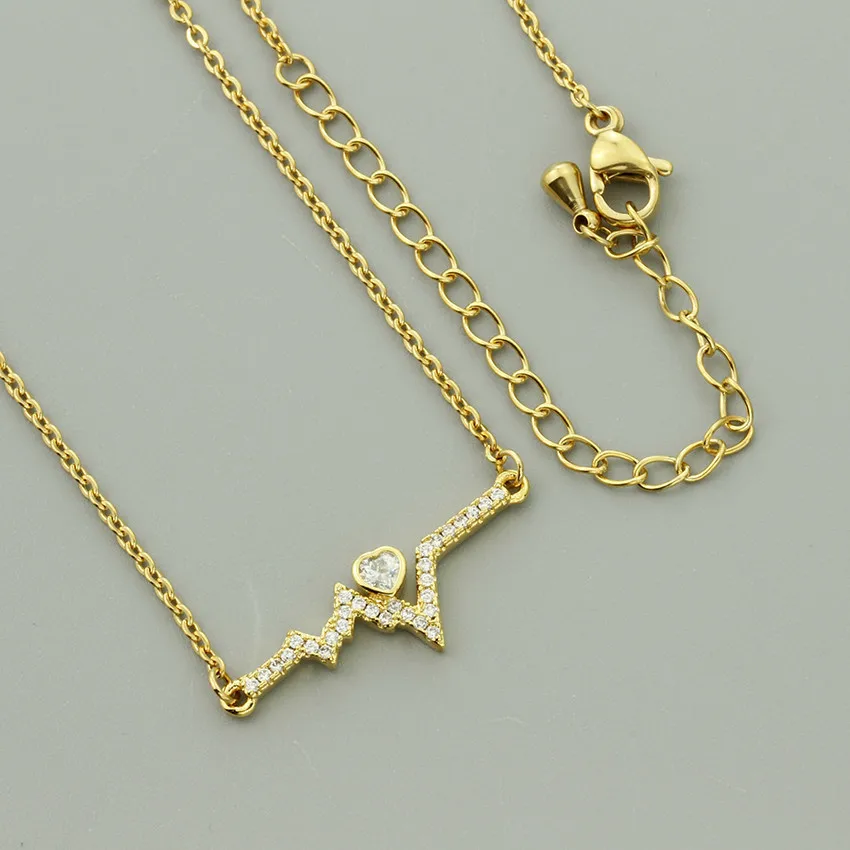 

Simple Wave CZ Heartbeat Necklace Chic Ecg Pulse Crystal Charm Pendant Necklaces Lightning Women Vintage Jewelry Accessories