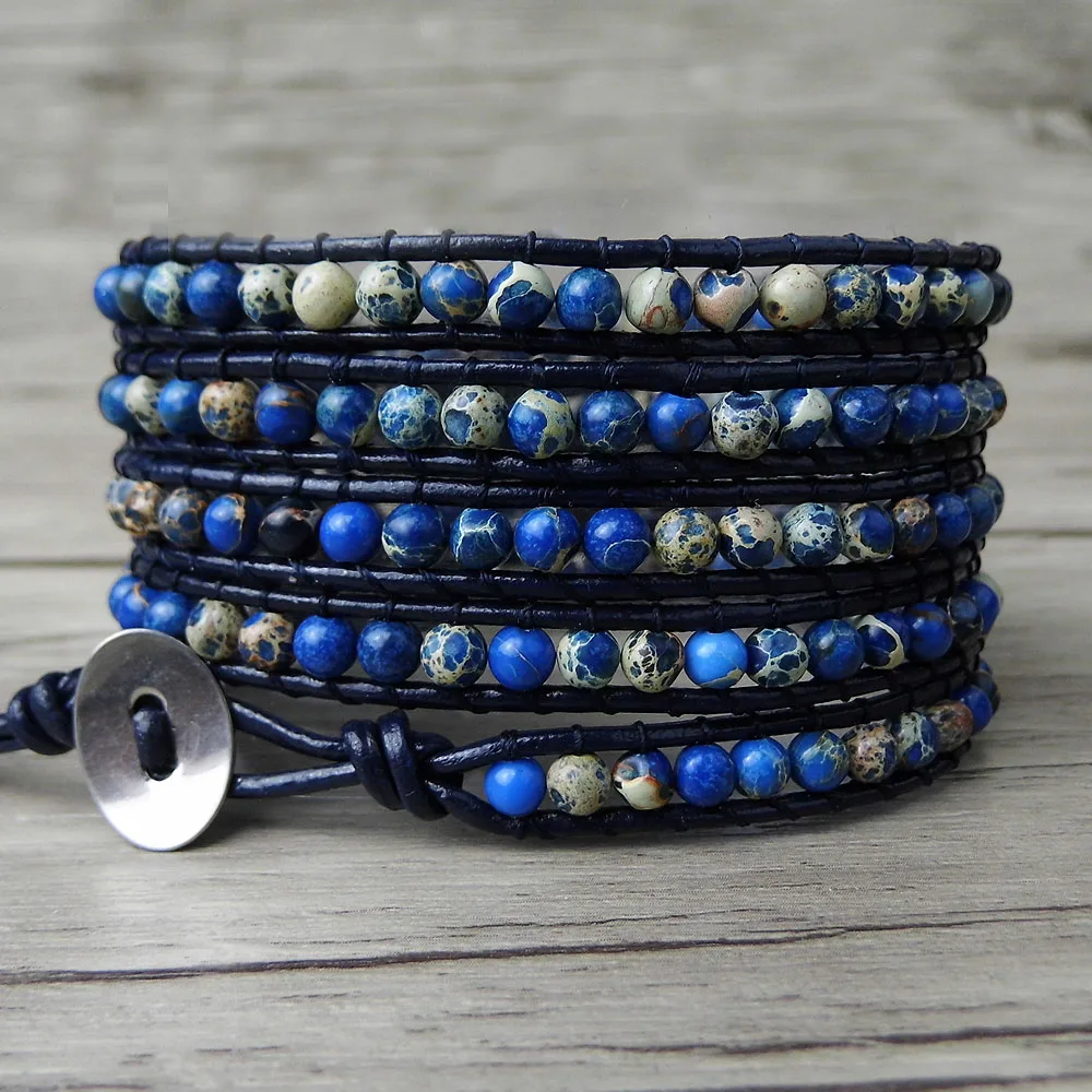 

Boho 5 Wrap Bracelet gypsy Leather wrap bracelet Blue beads bracelet natural stone Jewelry friendship gift