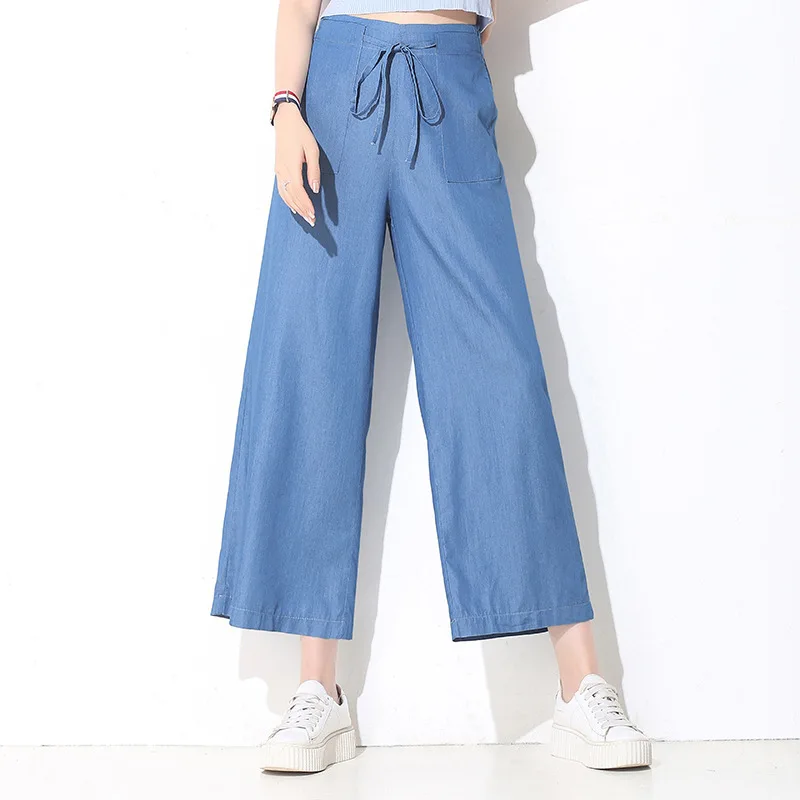

2018 summer new product tencel jeans female summer wide leg pants high waist lace up thin breathable wide leg jeans