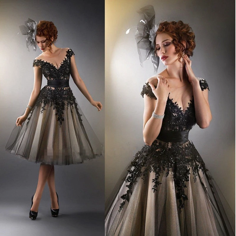 Negro vestido de festa 2016 apliques de China vestido de noche corto vestidos vaporosos del escote redondo Tulle vestidos formales robe de soirée avondjurk|formal de soireeevening dress AliExpress