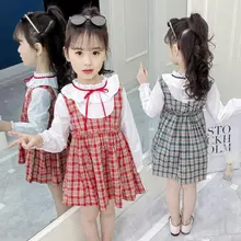 Летнее Детское платье из двух предметов для девочек, Корейская школьная форма для девочек, костюм, одежда платье принцессы в клетку с вырезом лодочкой для детей от 4 до 13 лет