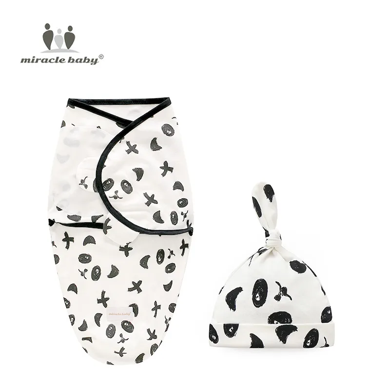 2 Pieces Set Newborn Swaddle Wrap+Hat Cotton Baby Receiving Blanket Bedding Cartoon Cute Infant Sleeping Bag For 0-6 Months - Color: Black panda Set  L