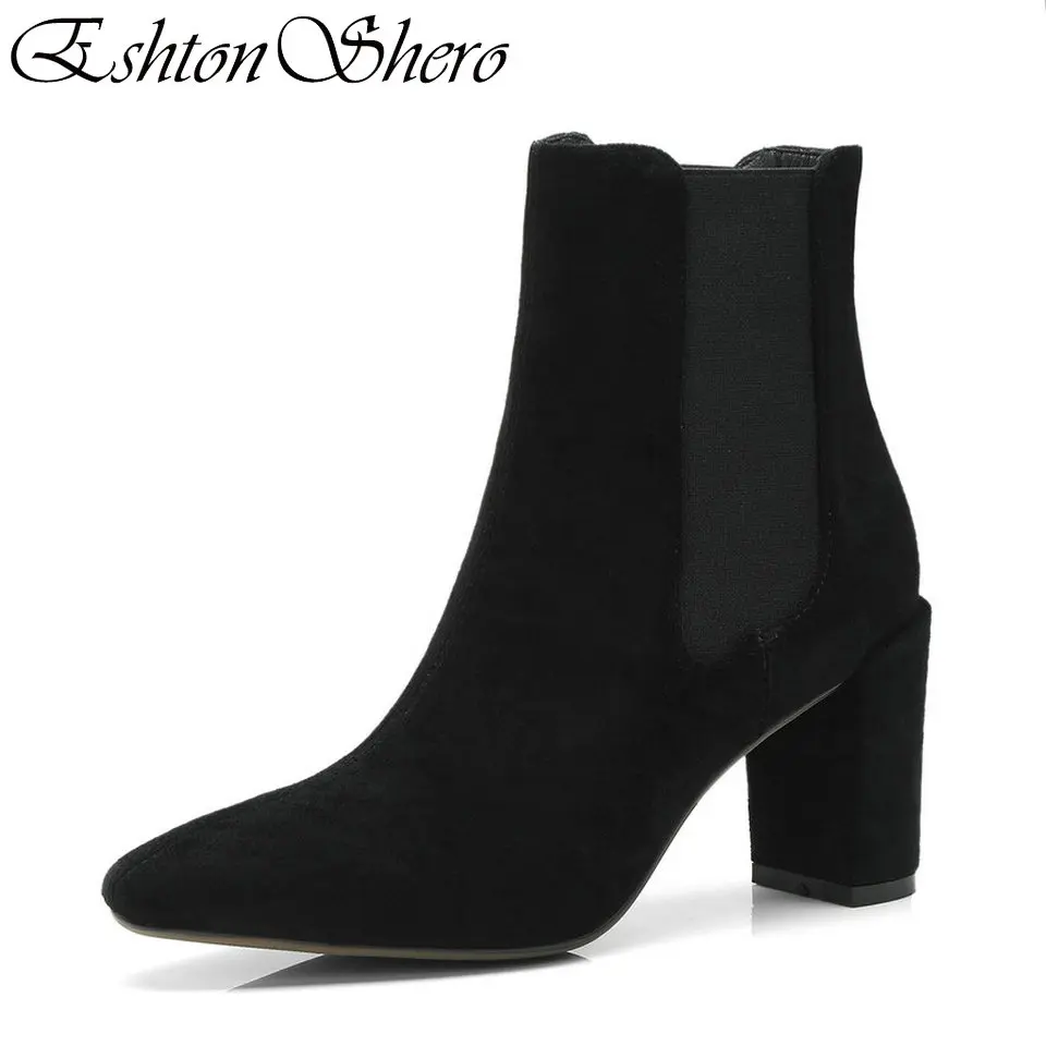 

EshtonShero Autumn Shoes Woman Ankle Boots Genuine Leather Square High Heel Women Pointed Toe Ladies Motorcycle Boots Size 34-39