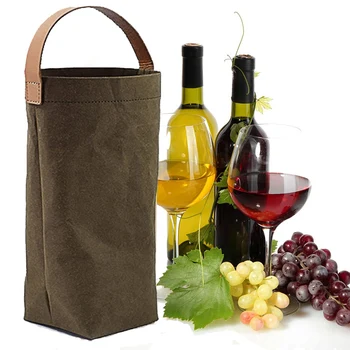 

OUSSIRRO Nordic Style Wine Bag Reusable kraft Paper Wine Bags Leather Handle Champagne Bottle Carrier Washable kraft bags