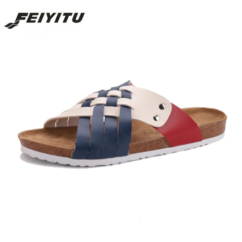 FeiYiTu/Новинка; летние сандалии; пляжные пробковые шлепанцы въетнамки; мужская повседневная обувь на плоской подошве; цвет белый, черный; большие размеры 35-45 - Цвет: 2