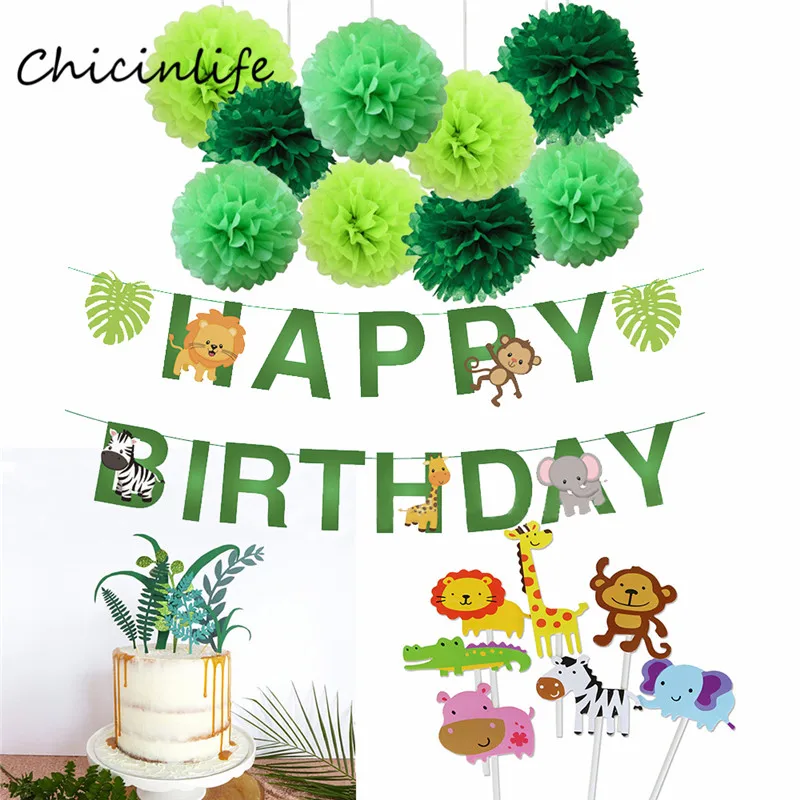 

Chicinlife Jungle Animal Happy Birthday Banner Baby Shower Birthday Party Decoration Wild One Jungle Party Supplies green pompom