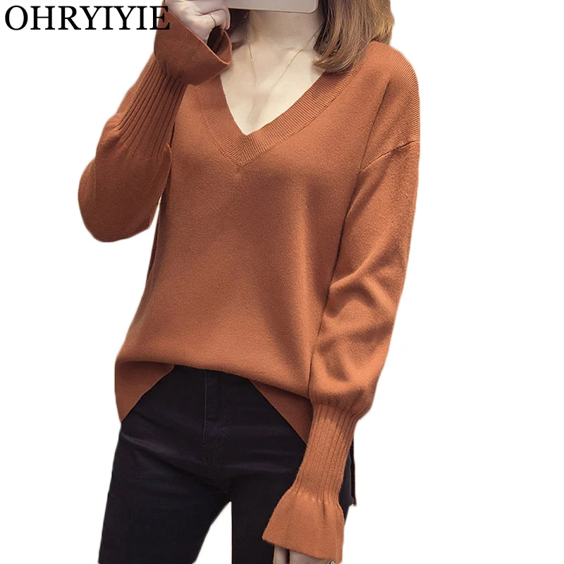 

OHRYIYIE Autumn Winter Women Sweaters and Pullovers 2019 New Loose V-neck Knitted Pullover Female Flare Sleeve Knitwear Jumper