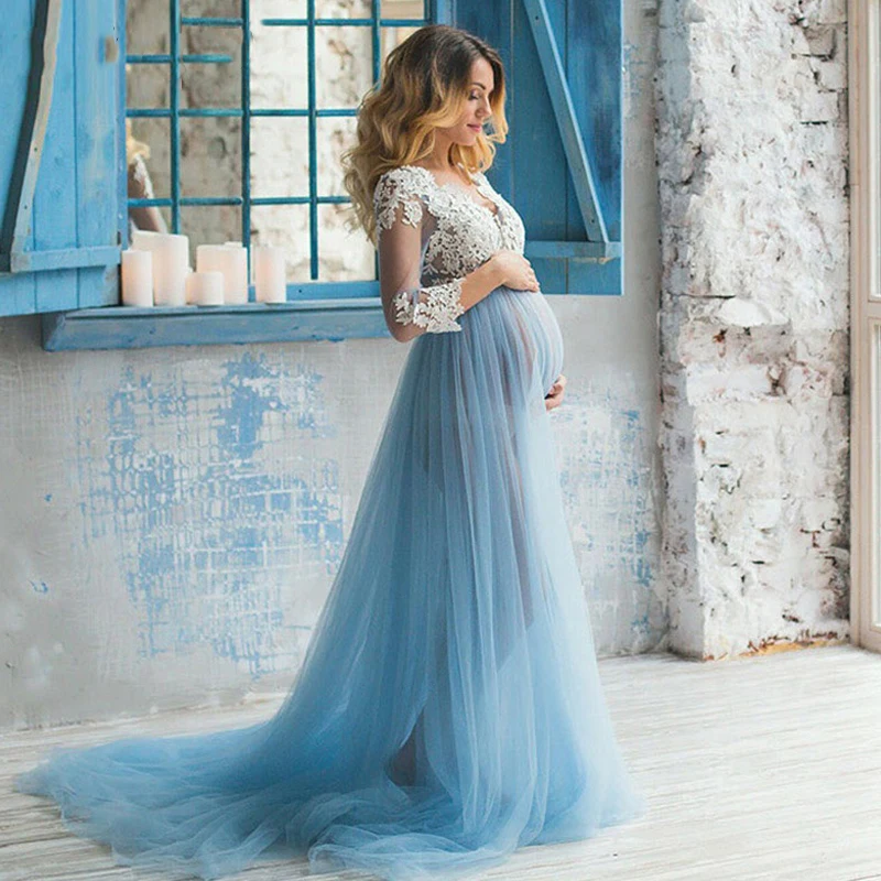 Verngo Zwangere Trouwjurken Boho Trouwjurk Blue Applicaties Lace Tulle Lange Mouwen Moederschap Bridal Gown Voor Bruiloften