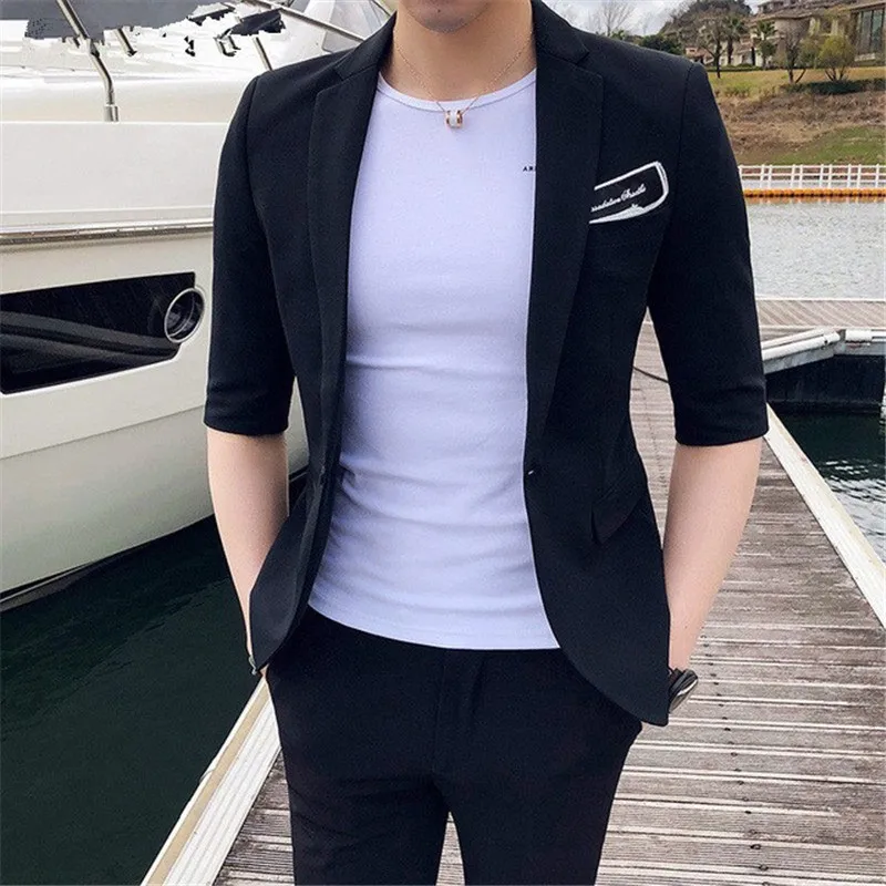 

Summer Korean Version Short Sleeve Mens Suits Costume Homme Men Suit Dinner Party Men Beach Wedding Dress (Jacket+Pants+Tie)