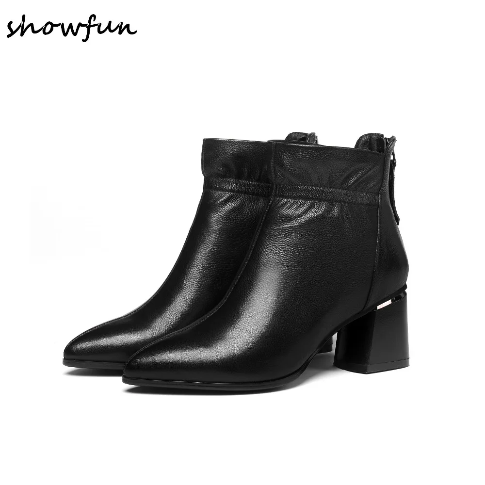 

Plus Size 34-42 Women's Genuine Leather Med Heel Autumn Ankle Boots Pointed Toe Short Booties Winter Comfort Shoes for Women Hot