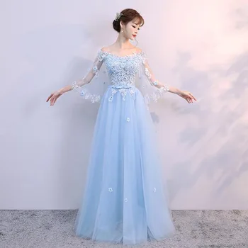 

2019 New Lace Round Neck Floral Shoulderless Slim Long Sweet Princess Banquet Dress