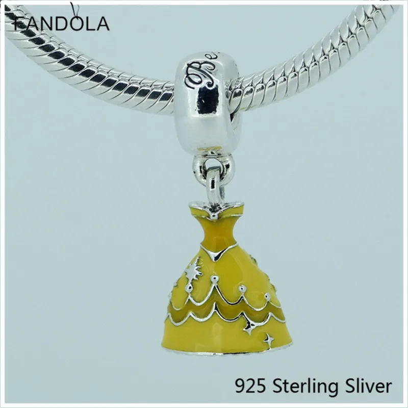

Beads Compatible with Pandora Bracelets 925 Sterling Silver Jewelry Belle Dress Silver Dangle With Yellow Enamel Charms CKK