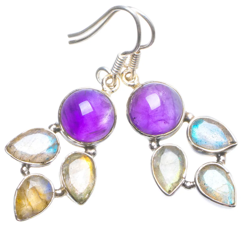 

Natural Amethyst and Labradorite Handmade Unique 925 Sterling Silver Earrings 1.75" X4490