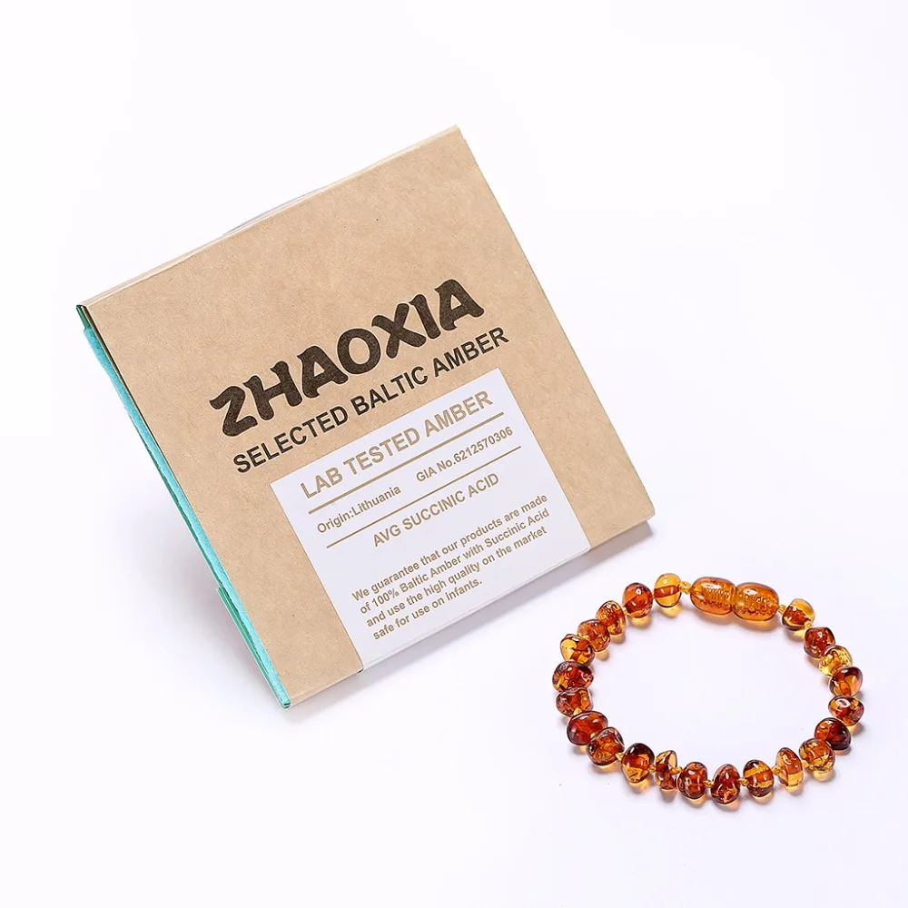

Baltic Amber Teething Bracelet for Baby(Cognac) - Handmade in Lithuania - Lab-Tested Authentic - 2 Sizes