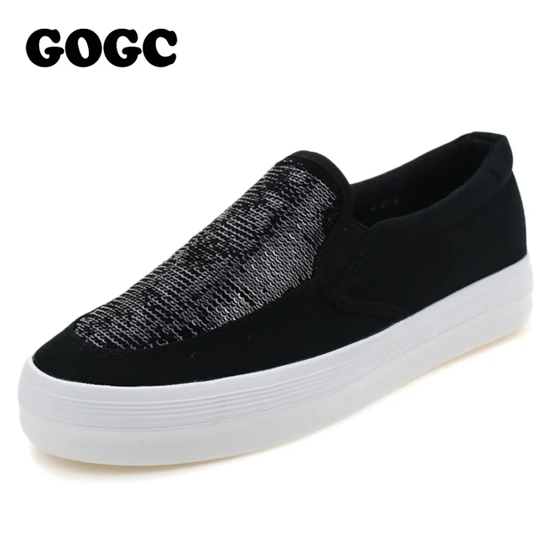 

GOGC Black Canvas Shoes for Women Height Increasing Shoes with Sequin 2019 Women's Casual Shoes Footwear Female Women Flats 870
