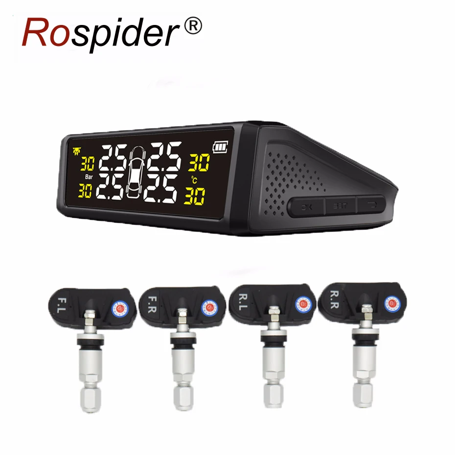 

New Solar Power TPMS Car Tire Pressure Alarm Monitor System 4 Internal Sensor Temperature Alarm Rospider S05N