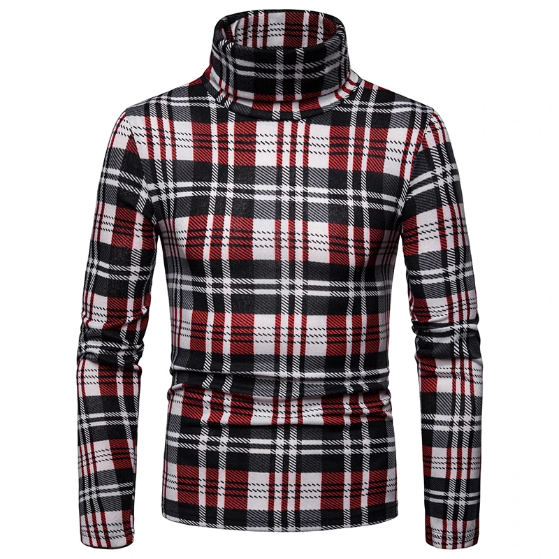 

Loldeal Men's plus size plus velvet warm high collar sweater plaid long sleeve bottoming shirt
