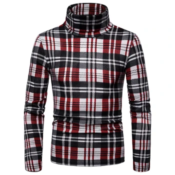 

Loldeal Men's plus size plus velvet warm high collar sweater plaid long sleeve bottoming shirt