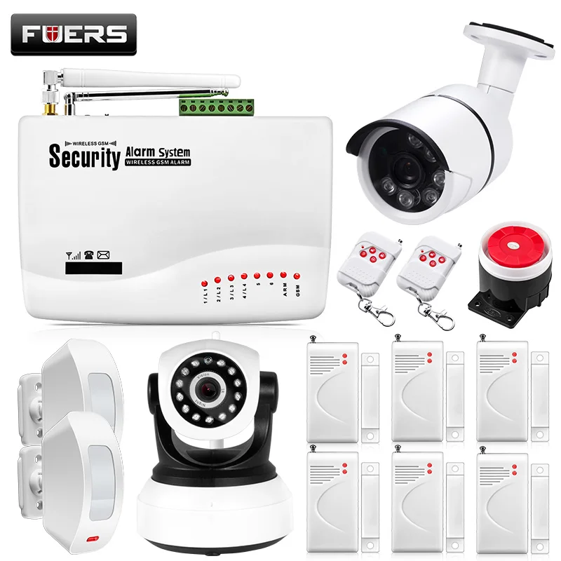 Fuers GSM Alarm Systems Security Home Alarm System Kits Russian Voice With PIR Motion Sensors Door Detectors Outdoor IP Camera