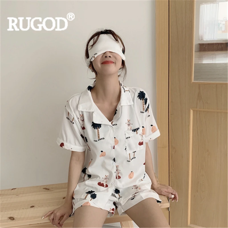 

RUGOD Women sleepwear loose shirt top+wide leg shorts+patch three-piece suit cartoon casual cute pajama set 2019 new summer