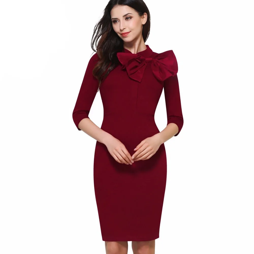 Хорошее-forever винтажное одноцветное офисное женское платье с бантом облегающее элегантное платье-карандаш B244 - Цвет: Red