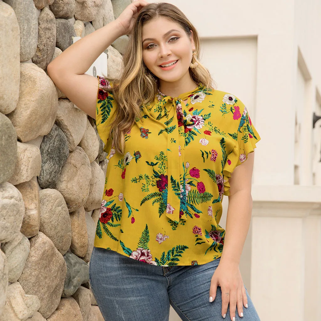 

Feitong Large Size Floral Tunic Shirt Women Short Butterfly Sleeve Bow Blouse Collar Print Casual Top blusas mujer de moda 2019