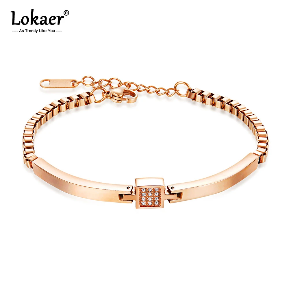 

Lokaer Stainless Steel Inlay CZ Crystal Bangles Bracelets For Women Box Chain Adjustable Rose Gold Party Jewelry Gift OGS998